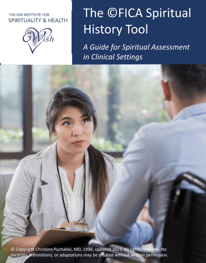 The cover page of the FICA Spiritual History Tool: A Guide for Spiritual Assessment in Clinical Settings. A concerned person wearing a blazer and lanyard listens to another person whose back is facing us.